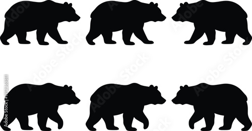 Bear silhouette vector set showing walking and standing poses, wild animal collection, black wildlife mammal illustrations isolated on white background
