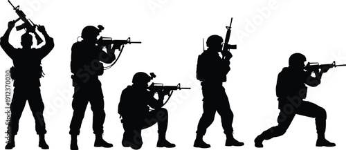 Silhouette of armed soldiers in multiple tactical poses with rifles, military team action concept illustration isolated on white background for defense, security, and strategy themes
