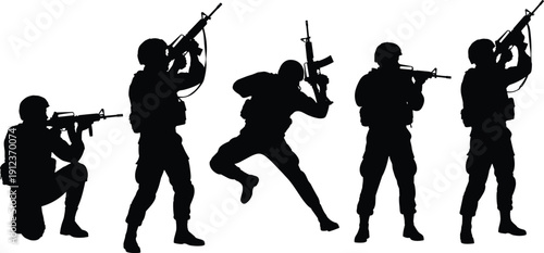 Silhouette soldiers in action poses with rifles, military team concept illustration isolated on white background, tactical figures for security, defense, conflict themes, vector style