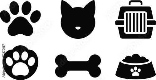 A simple graphic displays black silhouettes of a paw print cat head fish and bone high-quality professional detailed modern elegant