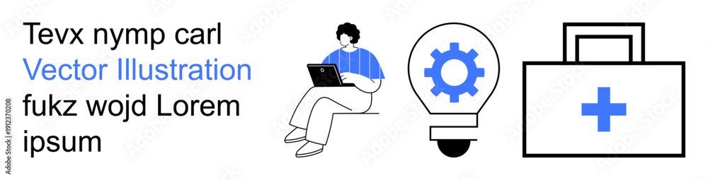 Obraz premium Remote work, innovation, healthcare, technology, education, problem-solving. Young person using a laptop, gear inside a lightbulb medical case with cross symbol. Remote work and innovation concept