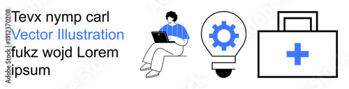 Remote work, innovation, healthcare, technology, education, problem-solving. Young person using a laptop, gear inside a lightbulb medical case with cross symbol. Remote work and innovation concept