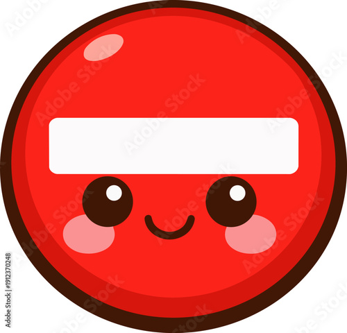 A kawaii-style cartoon illustration of a red "No Entry" sign with a smiling face and simple design. The sign has a white horizontal bar in the center, isolated on a white background.
