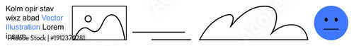 Digital communication, abstract concepts, visual storytelling, emotive design, graphic design, icon usage. Minimalist elements include a landscape, cloud and a sad blue face icon. Digital