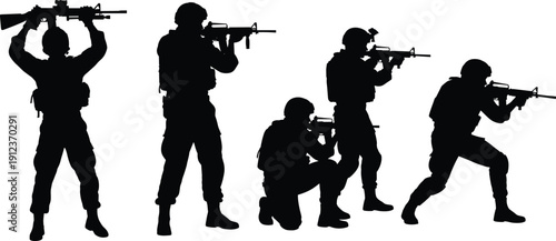 Military soldier silhouettes set showing tactical team aiming rifles in various poses, isolated on white background for security, defense, training, strategy, illustration concepts.