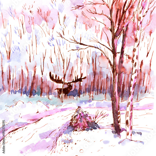 Watercolor Moose in Snowy Forest