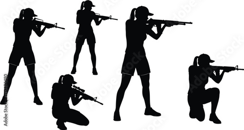 Women shooter silhouettes set showing multiple rifle aiming poses, isolated on white background for sport shooting, training, self defense, character illustration, vector collection, action concept.