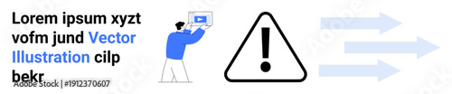 Man holding a laptop displaying a screen, accompanied by an alert triangle and three directional arrows. Ideal for workflow, progress, warning, information, management, decision-making themes, simple