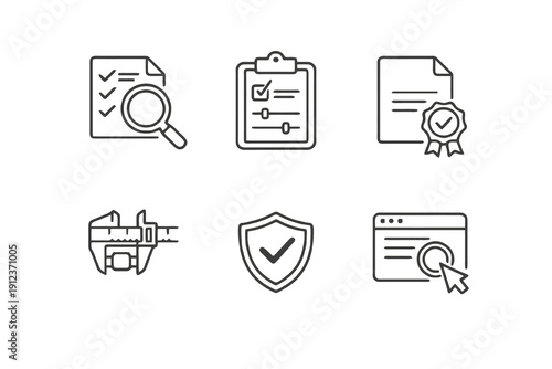Inspection outline icon set with flawless strokes and consistent line weight. Quality control, audit and verification symbols for websites, software interfaces and reports.