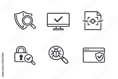 Security inspection outline icons for web and software interfaces. Quality assurance, vulnerability testing and verification vectors in minimal line style.