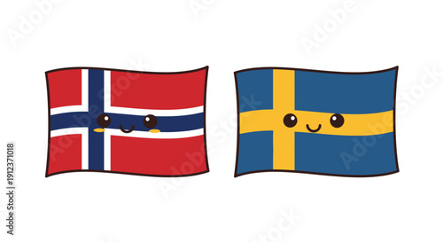 Whimsical Scandinavian flags depicting norway and sweden with playful kawaii cartoon faces