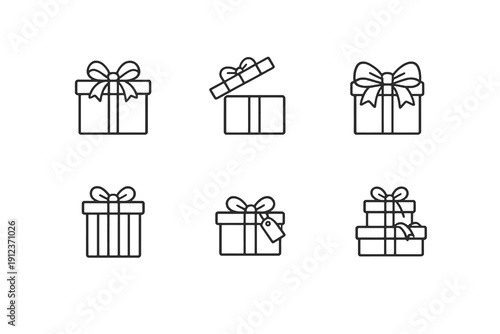 Gift box line icon set with clean editable stroke. Outline vector icons for bonus offers, birthday gifts, discounts and promotional rewards in web and app UI.