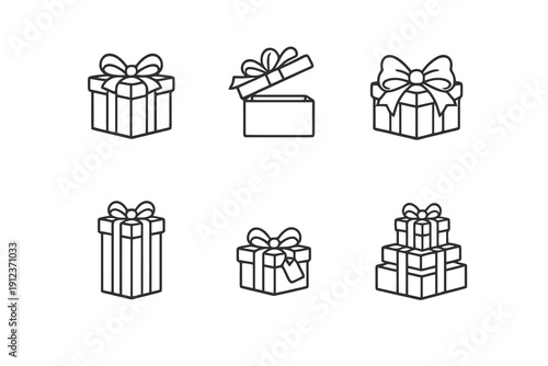 Minimal gift box outline icons for eCommerce and marketing. Editable stroke vector set ideal for coupons, rewards, promotions and festive campaigns.