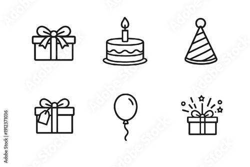 Birthday gift line icon set with clean editable stroke. Present boxes, cake and party symbols for celebration, bonus offers and promotional campaigns.