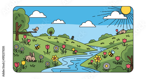 Whimsical spring landscape with rolling hills, flowers, fauna, and a meandering river beneath the