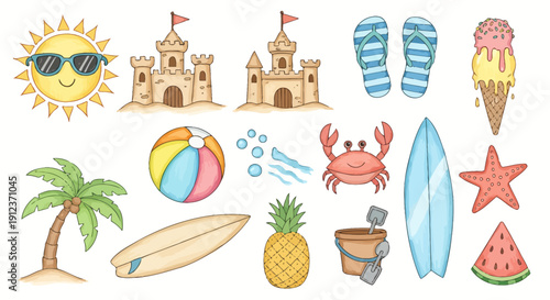 Whimsical summer beach elements illustration capturing joy and playful vacation memories on bright