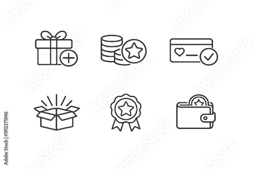 Outline bonus and reward icons for eCommerce and marketing systems. Editable stroke vector set featuring loyalty cards, cashback and incentive badges.