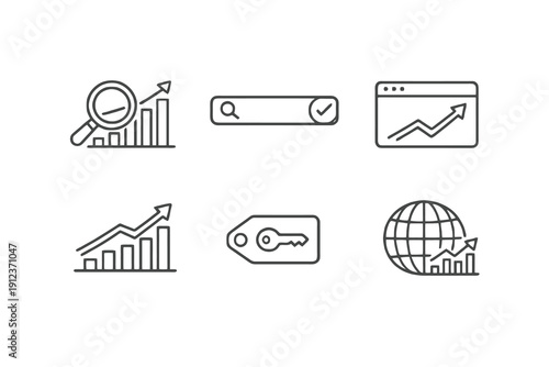 SEO promotion line icon set with clean editable stroke. Search optimization, analytics growth and digital marketing symbols for web dashboards and apps.
