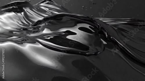 Abstract black liquid with smooth, flowing waves and reflective surface, creating a dynamic effect.