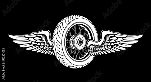 Winged motorcycle wheel design featuring detailed feathers and tire tread pattern