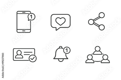 Outline social promotion icons for online campaigns and community growth. Editable stroke vector set for sharing, messaging and audience engagement.