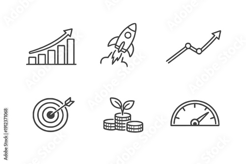 Outline business growth icons for marketing strategy and startup scaling. Editable stroke vector set showing charts, targets and upward performance trends.