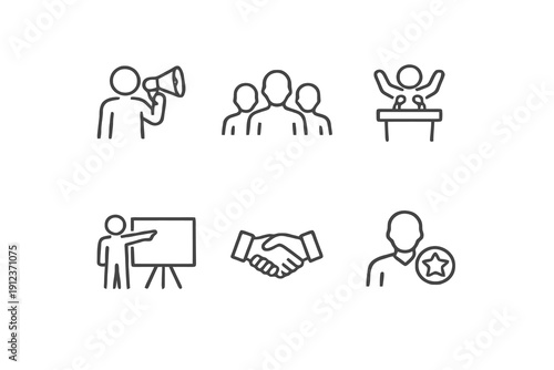 Outline promoter and marketing team icons for digital campaigns and business promotion. Editable stroke vector set for leadership, outreach and brand strategy.