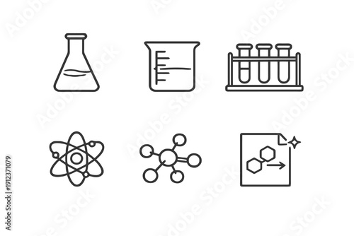 Chemistry line icon set with clean editable stroke. Laboratory glassware, atom and molecule symbols for science education, research apps and academic dashboards.