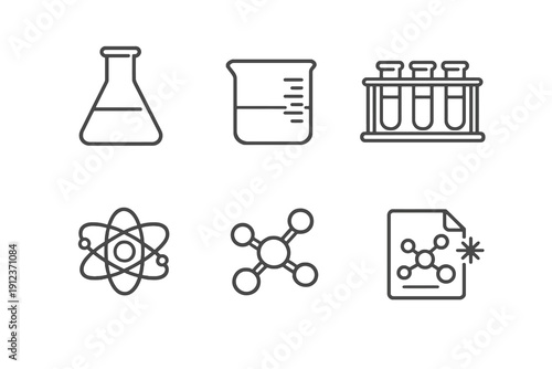 Outline chemistry icons for lab experiments and scientific analysis. Editable stroke vector set featuring flasks, molecules and reaction concepts.