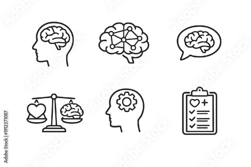 Outline psychology icons for therapy, cognitive analysis and emotional balance. Editable stroke vector set featuring brain, mindset and mental wellness concepts.