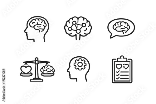 Psychology line icon set with clean editable stroke. Mental health, brain function and therapy symbols for healthcare apps, research dashboards and counseling platforms.
