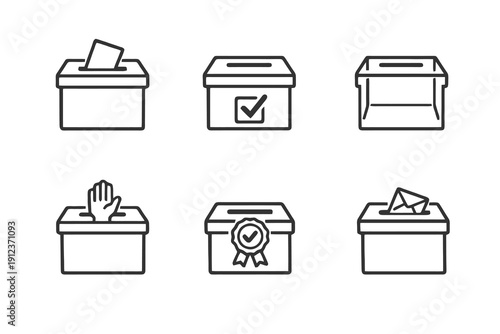 Outline voting box icons for election systems and feedback tools. Editable stroke vector set featuring ballot submission and approval concepts.
