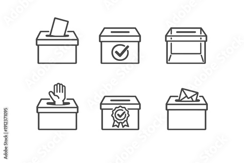 Voting ballot box line icon set with clean editable stroke. Election, online voting and approval symbols for civic platforms, surveys and digital forms.