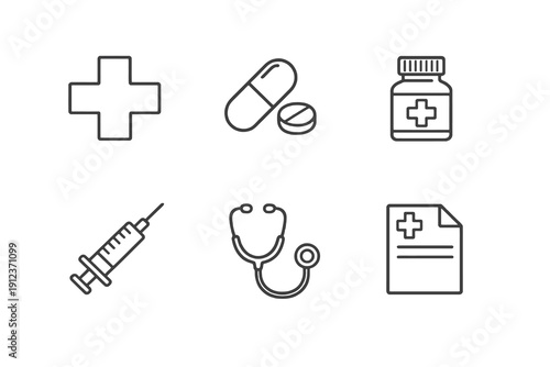 Medicine line icon set with clean editable stroke. Healthcare treatment, prescription and pharmaceutical symbols for medical apps, clinics and health dashboards.