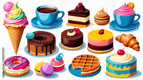 A colorful vector illustration of various sweet desserts and coffee
