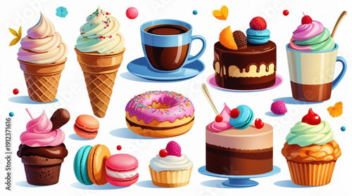 A colorful vector illustration of various sweet desserts and drinks