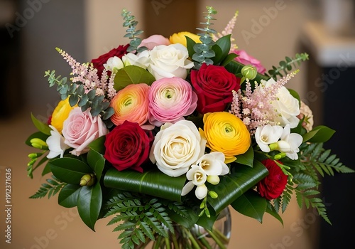 Delicate floral symphony a vibrant bouquet of roses and ranunculus arrangement
