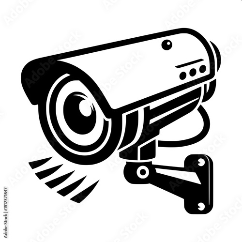 Minimal black CCTV security camera icon, side angle view, flat vector design, bold solid black shape with white outline details, isolated on white background.