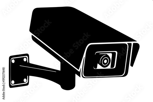 Minimal black CCTV security camera icon, side angle view, flat vector design, bold solid black shape with white outline details, isolated on white background.