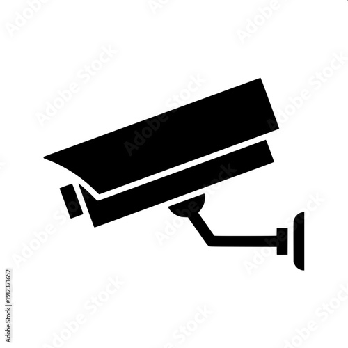 Minimal black CCTV security camera icon, side angle view, flat vector design, bold solid black shape with white outline details, isolated on white background.