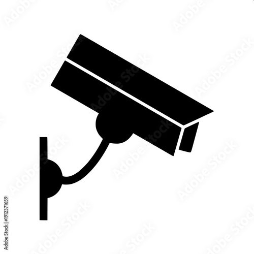 Minimal black CCTV security camera icon, side angle view, flat vector design, bold solid black shape with white outline details, isolated on white background.