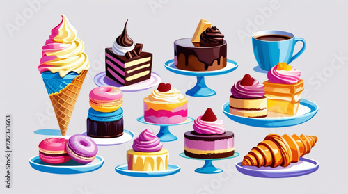 A colorful illustration of various desserts and coffee on plates and stands