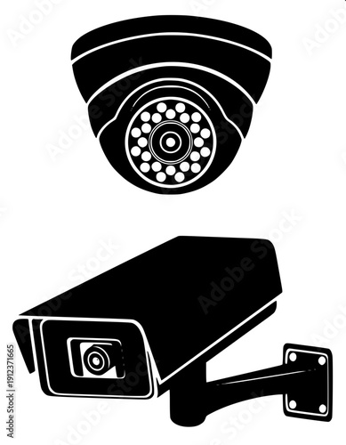 Minimal black CCTV security camera icon, side angle view, flat vector design, bold solid black shape with white outline details, isolated on white background.