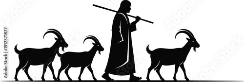 Black Silhouette of a Shepherd Carrying a Staff and Herding Three Goats Isolated on a White Background for Ancient History Agriculture and Religious Design