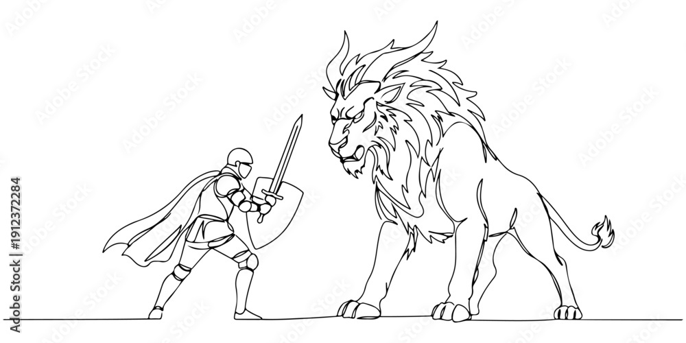 Obraz premium Continuous one line of a knight fighting a mythical beast, drawn illustration.