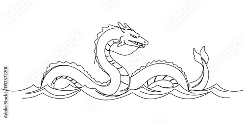 Quadro em tela Continuous one line of a leviathan sea serpent coiling in waves, drawn illustration