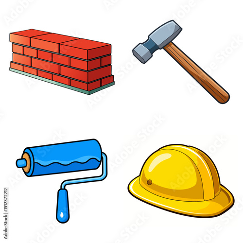 Construction site tools and hard hat displayed on a white background