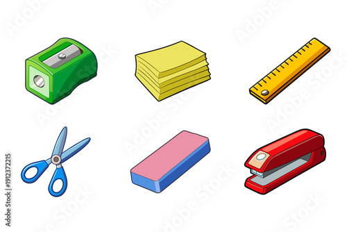 Stationery items neatly arranged on a white surface, including a stapler, paper, ruler, scissors, eraser, and stapler