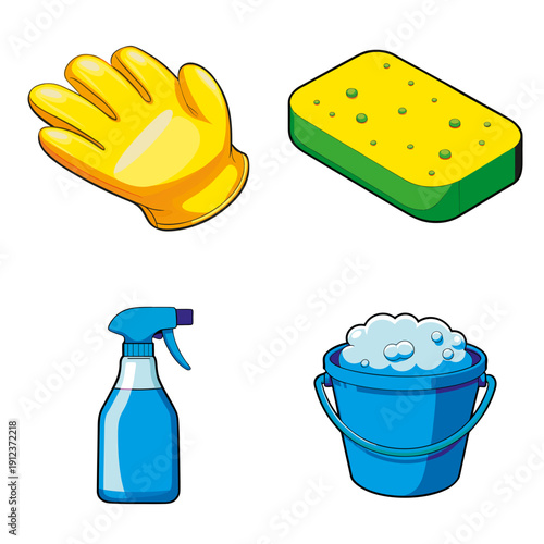 four household cleaning items arranged on a white background