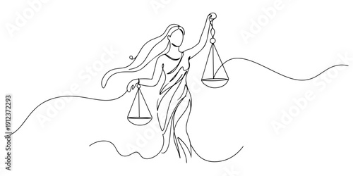Continuous one line of a goddess figure holding a balance, drawn illustration.